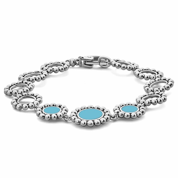 LAGOS Sterling Silver Maya Blue Ceramic Link Station Bracelet Size Medium M / 7 - Picture 2 of 3